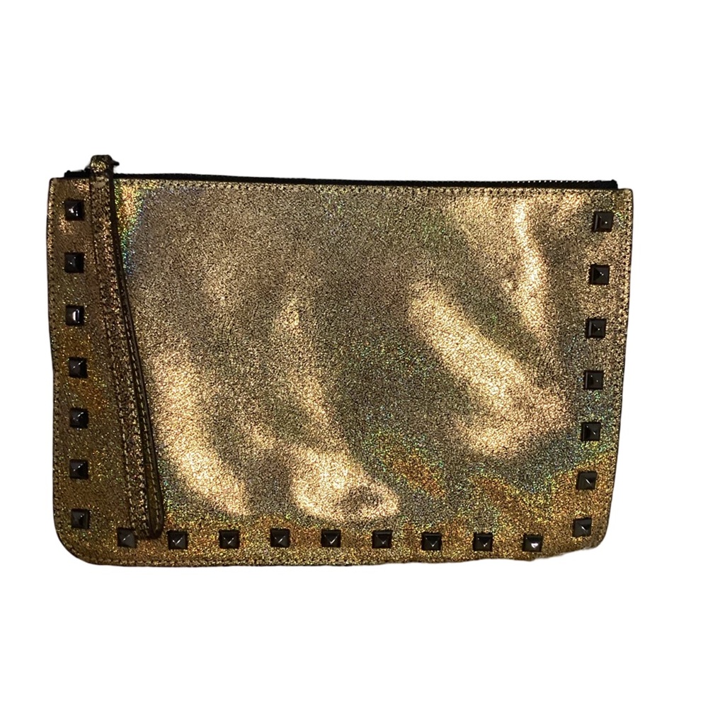 Rebecca Minkoff Studded Leather Metallic Gold Kerry Lg Clutch Wristlet EUC